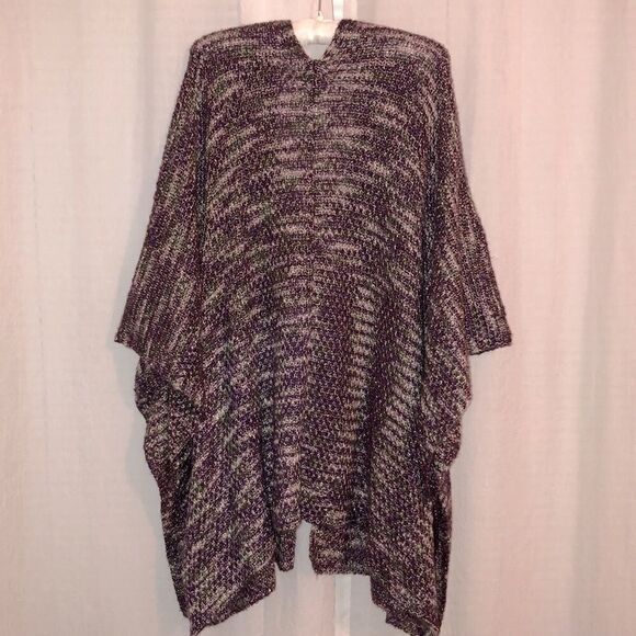 Avenue 1X-3X Knit Poncho Sweater with Patch Pockets in Purple Green Ivory - Picture 2 of 11